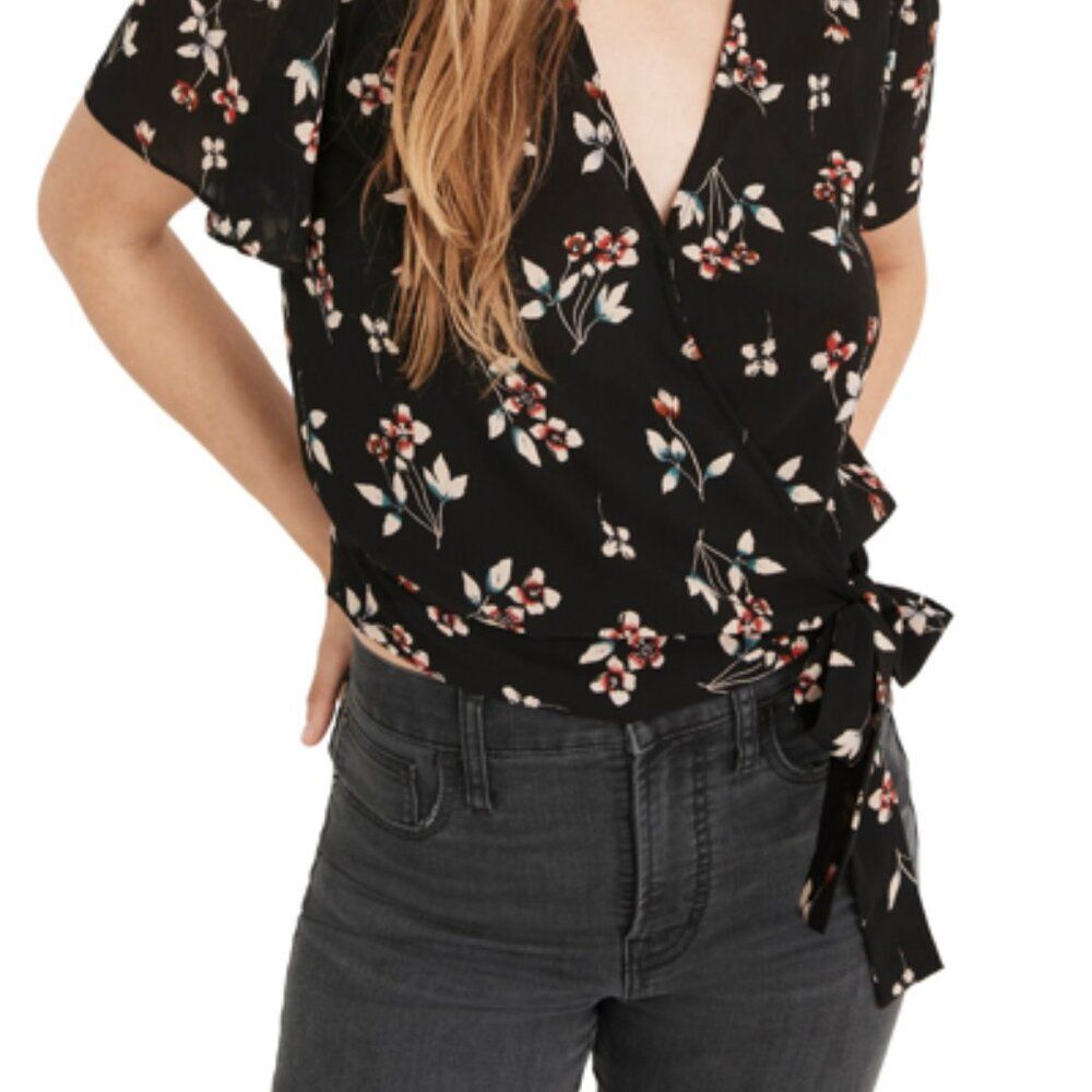 Madewell True Black Botanical Print Wrap Top Shirt Size S